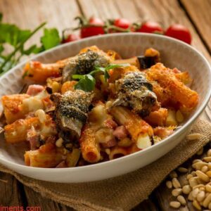 Rigatoni au four aux sardines, aubergines, pignons de pin, tomates et persil