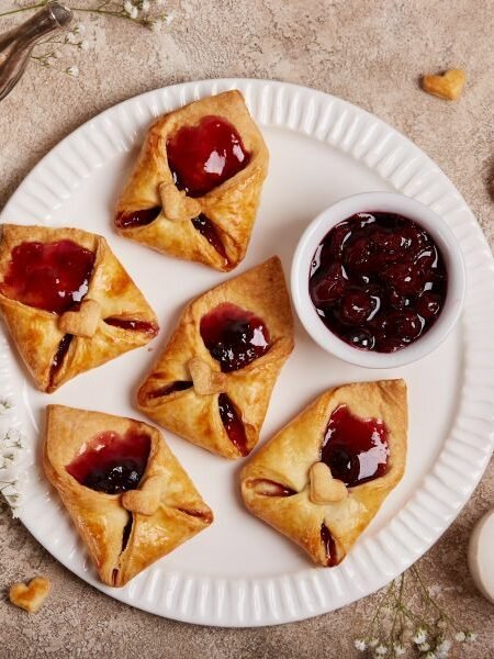 Enveloppes &agrave; la confiture de cerise d&eacute;cor&eacute;es de coeurs. Dessert pour la Saint-Valentin.jpg